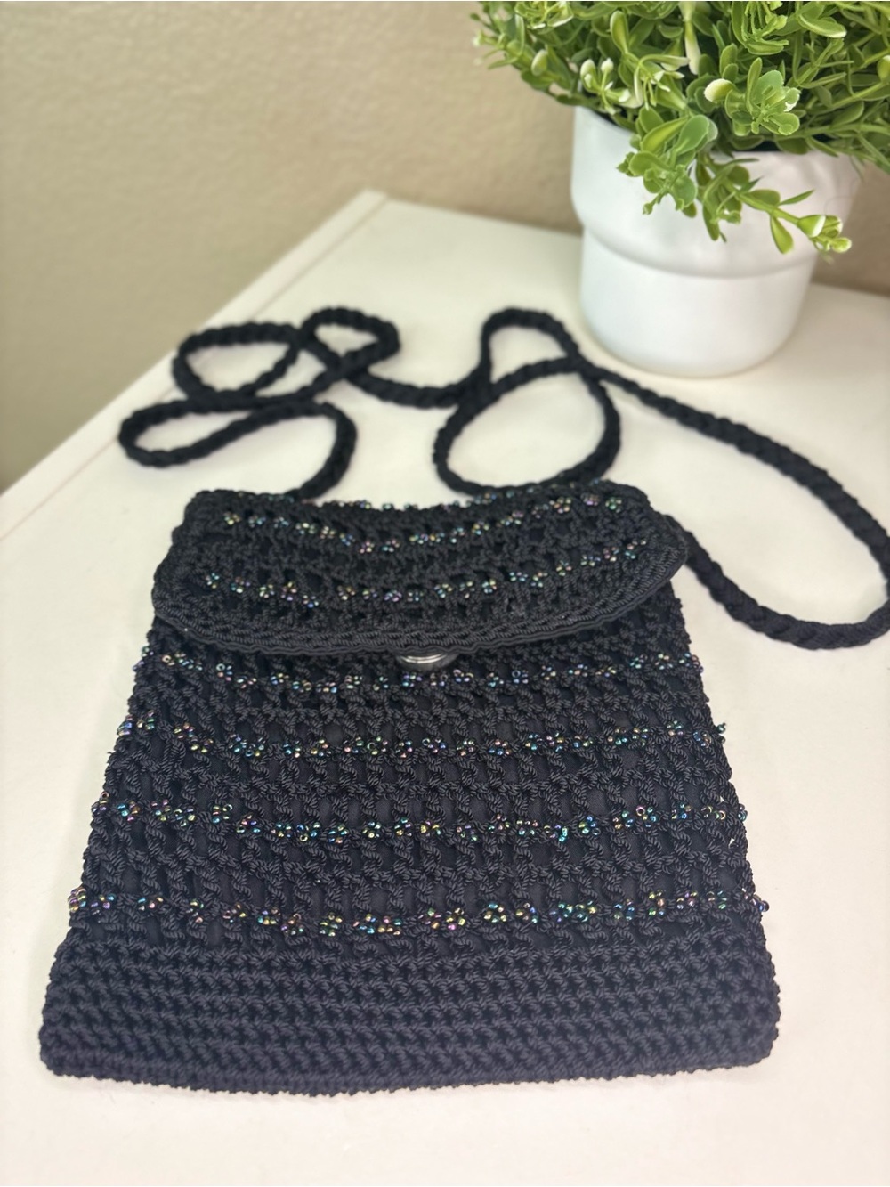 Vintage Black Beaded Crochet Crossbody Bag Boho Festival Purse Iridescent - Picture 1 of 8